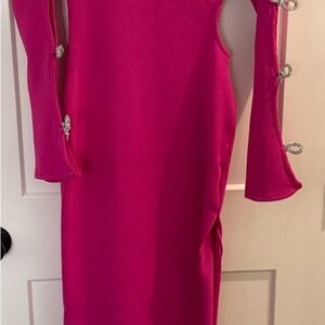 Mew Mews Chic Fuchsia Long Sleeve Maxi Dress with Rhinestone Bow Sleeves medium